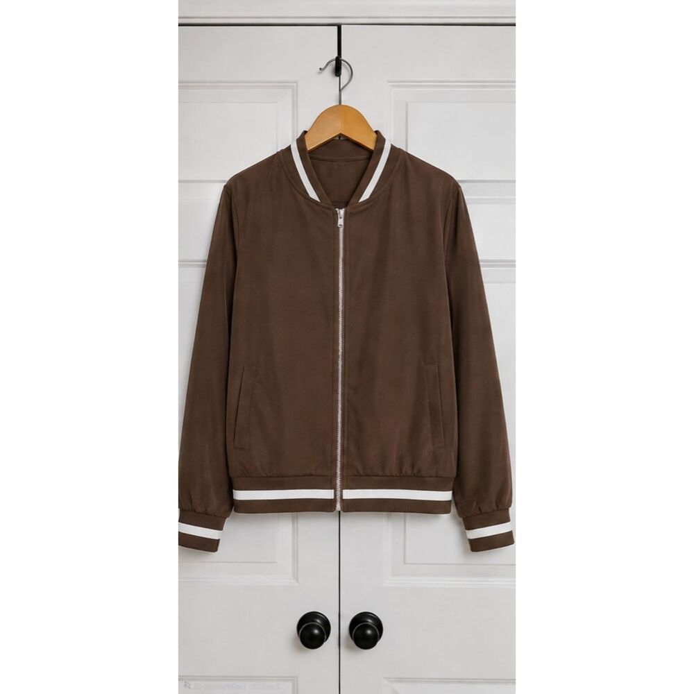 Women's Coffee Brown Bomber Jacket Zip Front Lightweight Casual Jacket